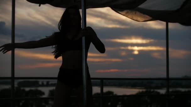 Rapid shot of a silhouette of girl dancing on a pole, dancer fitness model - outdoor performance - Metraje, vídeo