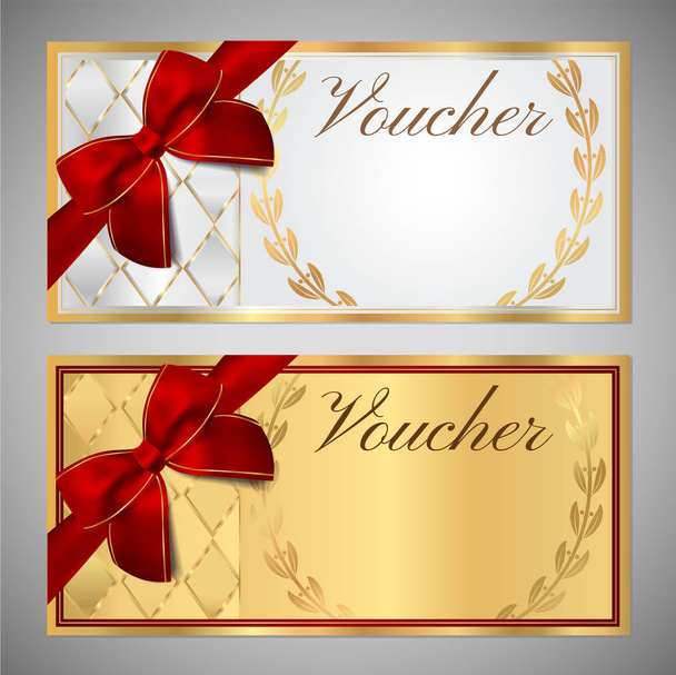 Ваучер, подарочный сертификат, шаблон купона. Белый и золотой дизайн фона с красным бантом (лента) для билета, дизайн денег, чек (чек)
) - Вектор,изображение