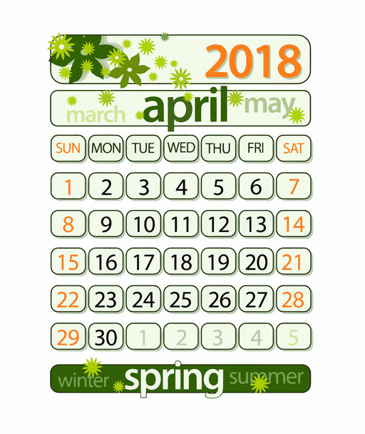 カレンダー - 2018年 4 月 (クリッピング パスを含める) - ベクター画像