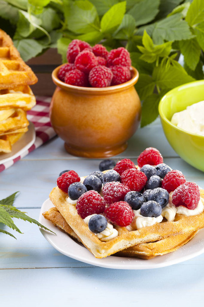 Homemade waffles with fruits - Foto, afbeelding