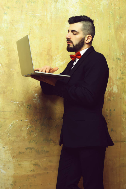 Attentive businessman with beard and fancy suit works on laptop - Photo, image