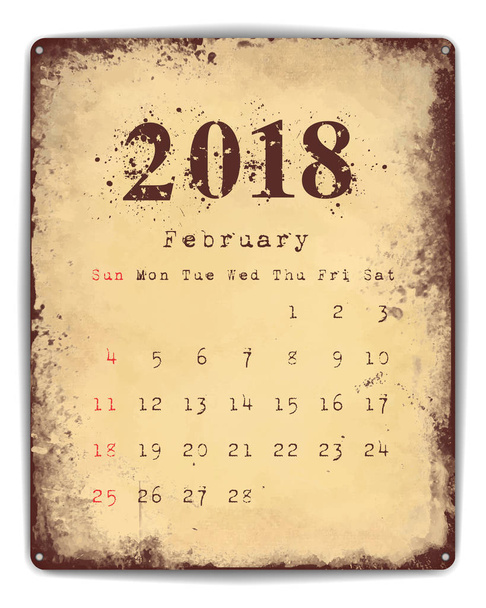 2018 Tin plaat kalender februari - Vector, afbeelding