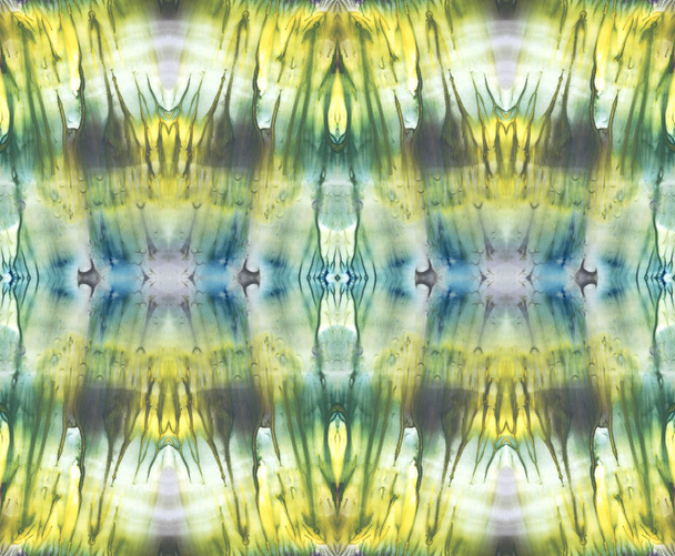 Fondo simétrico brillante. Pigmentos azules, verdes, blancos y amarillos. Acuarela abstracta. Patrón sin costura
. - Foto, imagen