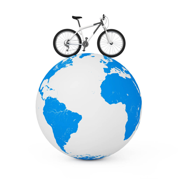 Чорно -білий гірський велосипед над глобус Землі на білого кольору. 3D re - Фото, зображення