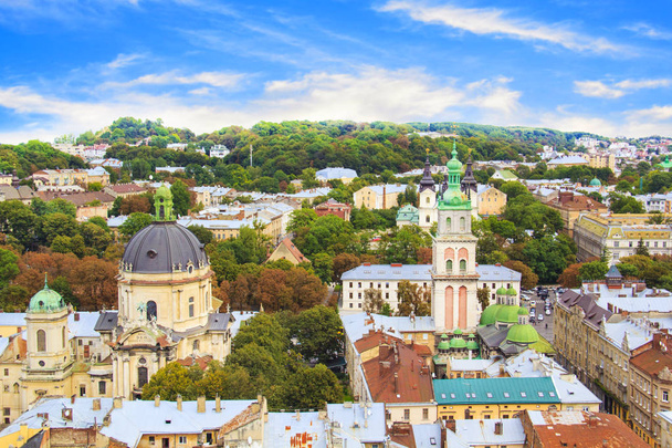 Prachtig uitzicht over de Dominicaanse kathedraal, de kerk van de veronderstelling en het historische centrum van Lviv, Oekraïne, op een zonnige dag - Foto, afbeelding