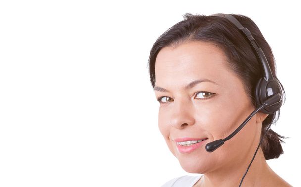 Glückliche Frau mit Headset arbeitet im Callcenter - Foto, Bild