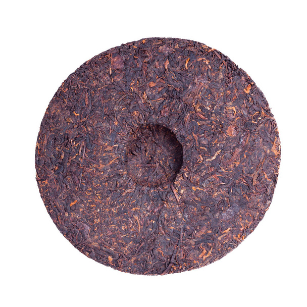 Disco plano redondo de té chino tradicional Shu Puer o Puerh
 - Foto, Imagen