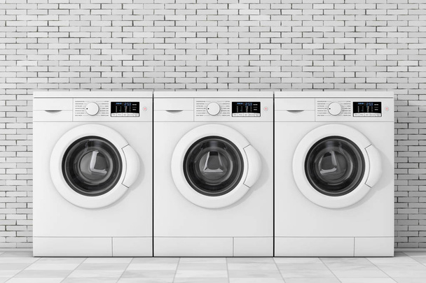 Modern çamaşır makineleri satır. 3D render - Fotoğraf, Görsel