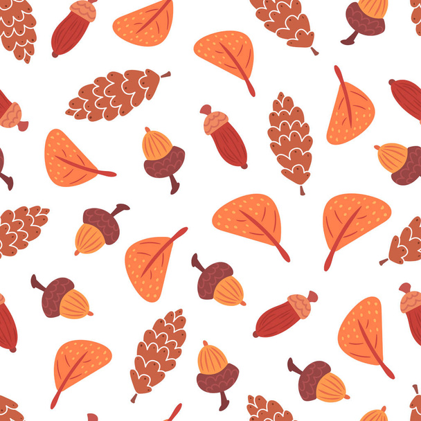 Seamless autumn leaves, cones and acorns pattern. - Vector, afbeelding