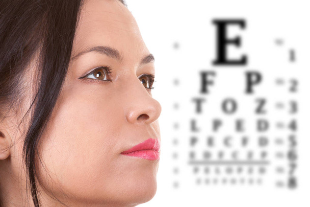 Eye Care Concept. Mooie vrouw oog close-up met de pagina - Foto, afbeelding