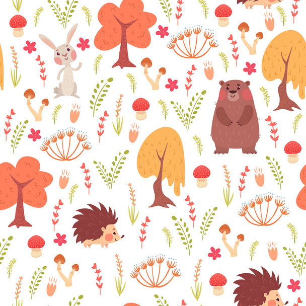 Cute seamless pattern with animals in forest - Vecteur, image
