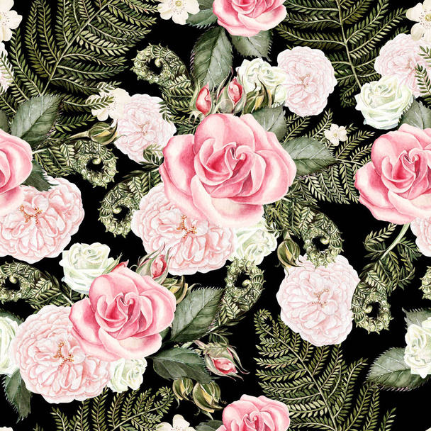 Beautiful watercolor seamless pattern with flowers of rose leaves of fern. - Foto, imagen