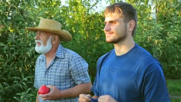 Vater und Sohn gehen in den Obstgarten - Filmmaterial, Video