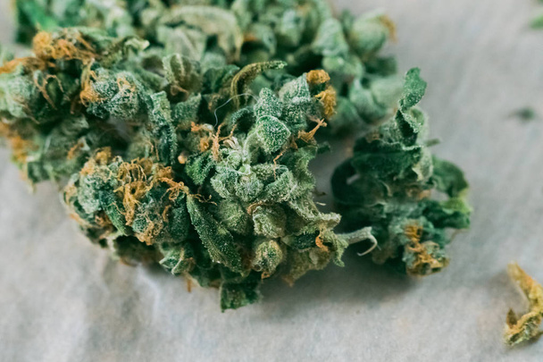 Marihuana, Cannabis Makro-Trichome thc flower sativa und indica. Konzepte zur Legalisierung von Marihuana in der Welt und den Vereinigten Staaten. Flachfokus-Effekt. - Foto, Bild