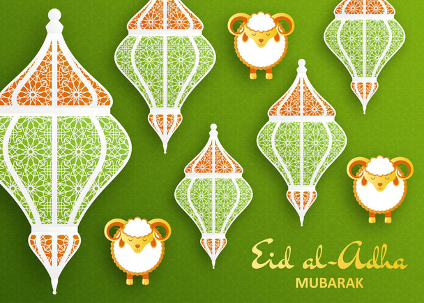Eid Al Adha Contexte. Lanterne islamique arabe et moutons. Carte de voeux
 - Vecteur, image