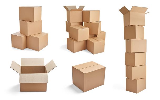 коллекция различных стопок картонных коробок на белом фоне - Фото, изображение
