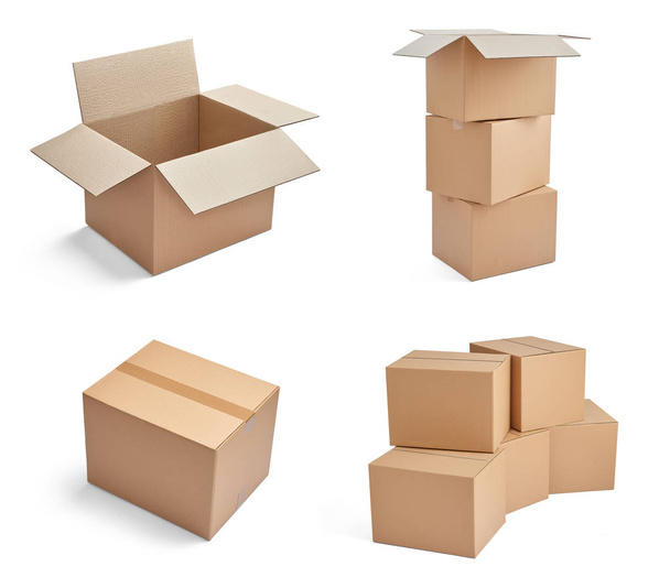 collection of  various stacks of cardboard boxes on white background - Photo, Image
