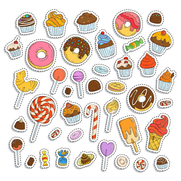 Doodle snoep set. Ijs, donuts, cupcakes, chocolade, snoepjes. - Vector, afbeelding