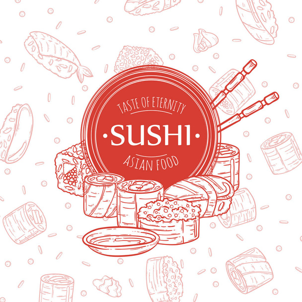 Πρότυπο σχεδίασης doodle εστιατόριο σούσι και παράδοση. Σύνθεση των ασιατικών τροφίμων. - Διάνυσμα, εικόνα