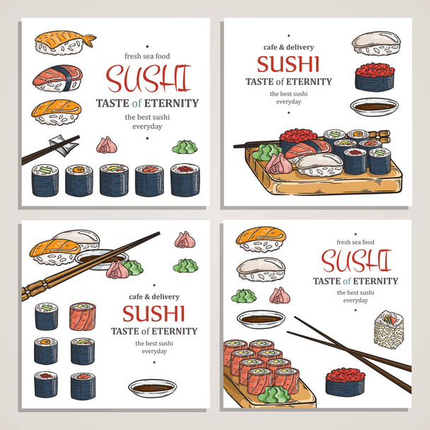 Doodle sushi i bułki na drewno. Ilustracja dania tradycyjnej kuchni japońskiej. - Wektor, obraz