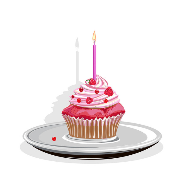 Realistic cupcake with candles and berries - Vector, Image