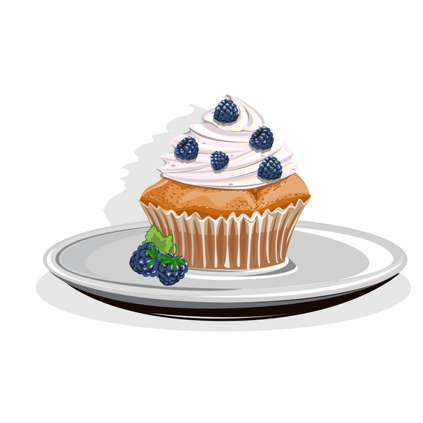 realistic cupcake on a white saucer - Vector, Image