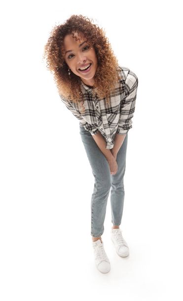 top view of stylish young woman in plaid shirt - Zdjęcie, obraz