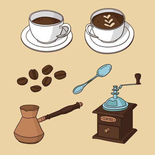 Vektor csésze kávé, szemes kávé, kávéfőző, kávédaráló, kanál szett - Vektor, kép