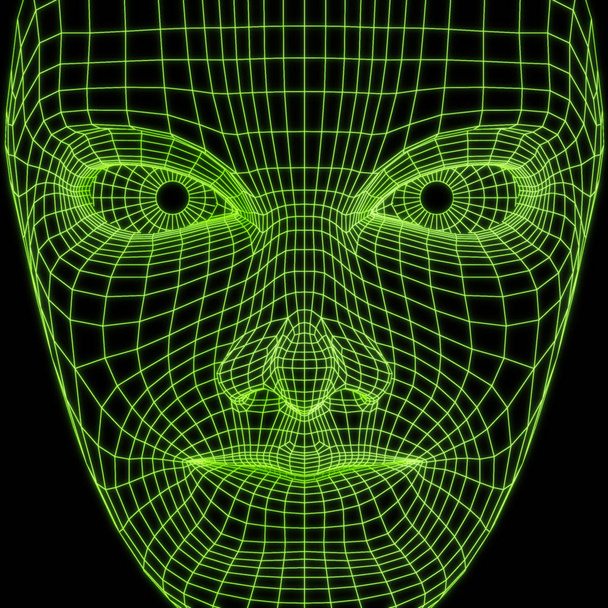 Концепция виртуальной реальности. Искусственный интеллект. Человеческое лицо проводника, вид спереди. Наука будущего с современными технологиями. 3D-рендеринг
. - Фото, изображение