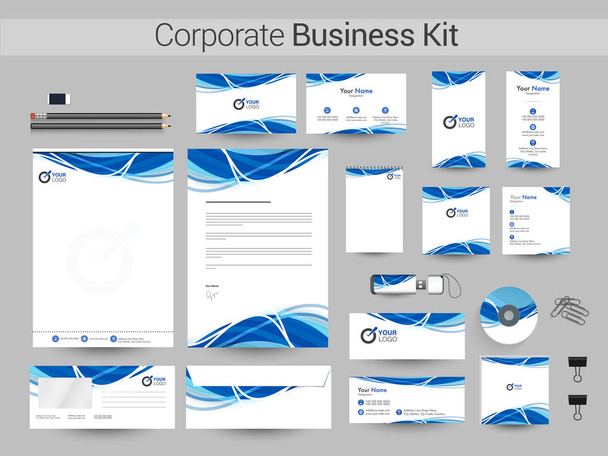 Corporate Business Kit with blue waves. - Vettoriali, immagini