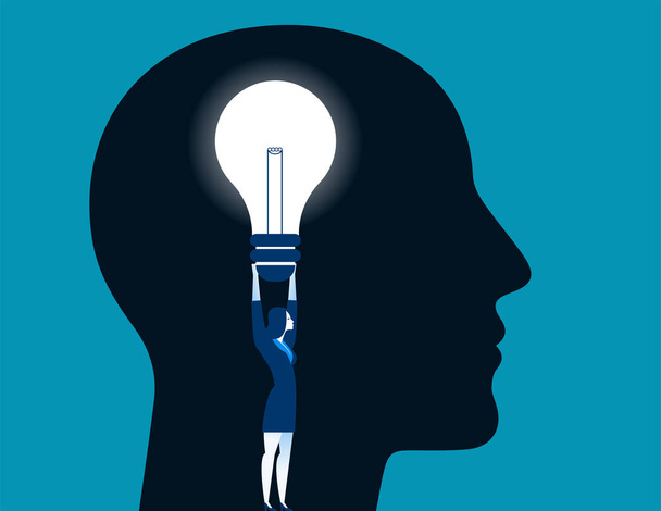 Businesswoman holding bulb and standing in a head. Concept busin - Vector, Image