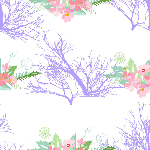 Seamless pattern with summer flowers and leaves on a white background - Вектор,изображение