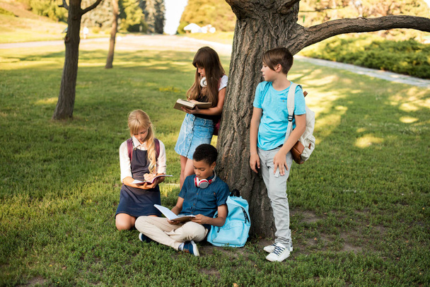 multiethnic teenagers studying in park - Zdjęcie, obraz
