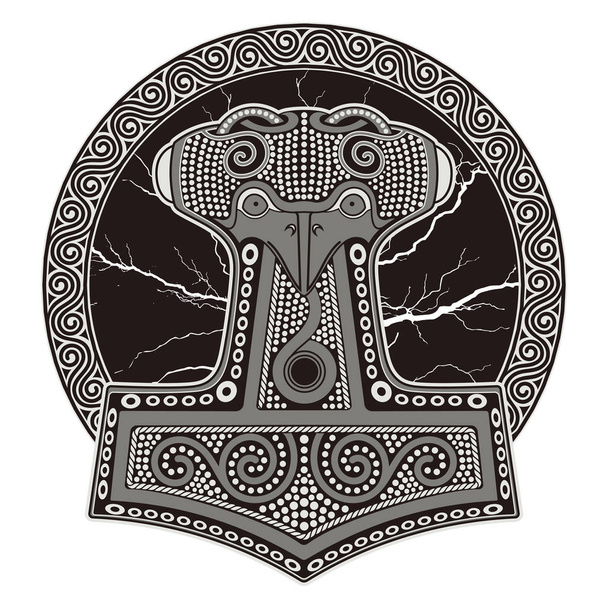 El martillo de Thor - Mjollnir. Contra el telón de fondo del relámpago brillante y el ornamento escandinavo
 - Vector, imagen