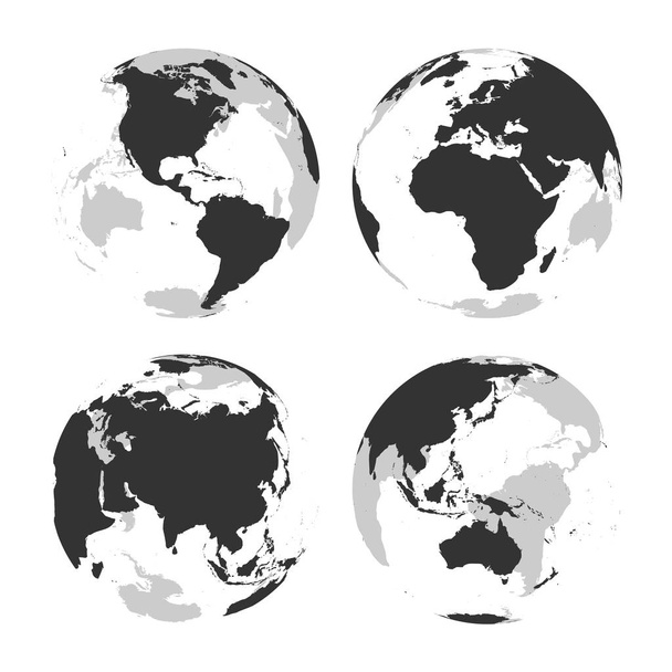 Zestaw przejrzystych globusów ziemskich z szarą mapą sylwetki terenu. Ilustracja wektora - Wektor, obraz