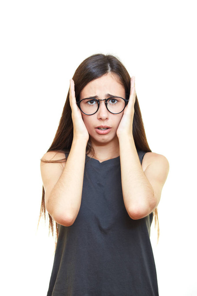 Stressed young business woman covering her ears isolated on whit - Fotoğraf, Görsel