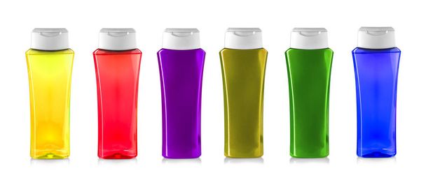Set of colored shower gel bottles isolated on white - Photo, Image