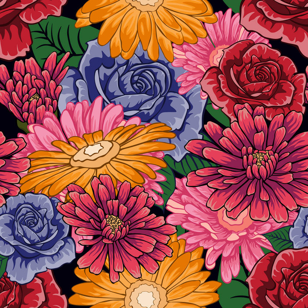 Seamless pattern with a lot of flowers on black background - Vektori, kuva