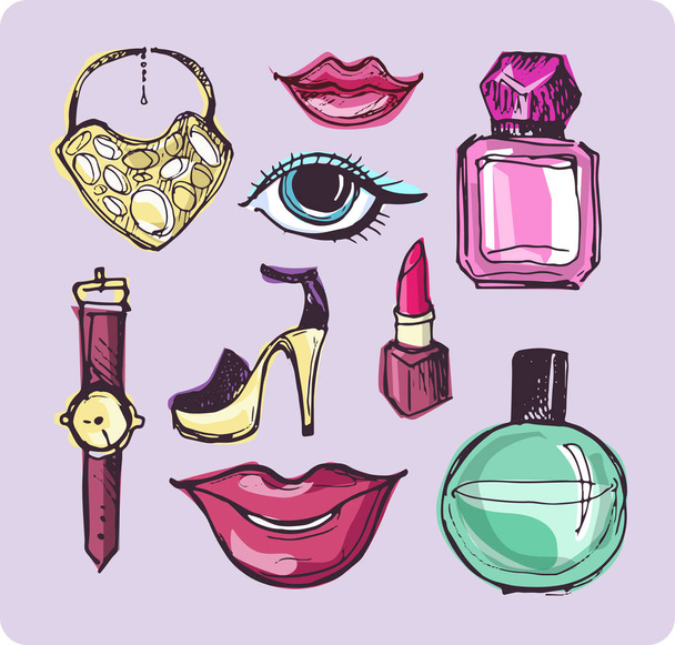 Big vector fashion sketch set. Hand drawn graphic lips, perfume. Glamour fashion sketch.Vector illustration - Vector, imagen
