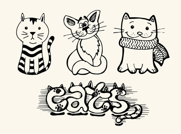 Roztomilá ručně kreslení kočka. Vektor, kočky. Vektorové ilustrace - Vektor, obrázek