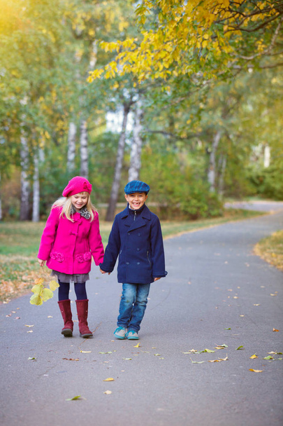 Παιδιά περπάτημα σε όμορφο Φθινοπωρινό πάρκο στο ζεστή ηλιόλουστη ημέρα πτώσης. - Φωτογραφία, εικόνα