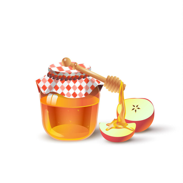 Honey jar, and apples, half apple. Bee Honey dripping from wooden honey dipper. Vector illustration for advertising beekeeping honey shop or bakery. Healthy food, sweet dessert, cosmetic, beauty product. Honey natural product. Honey clip art image. - Vector, Image