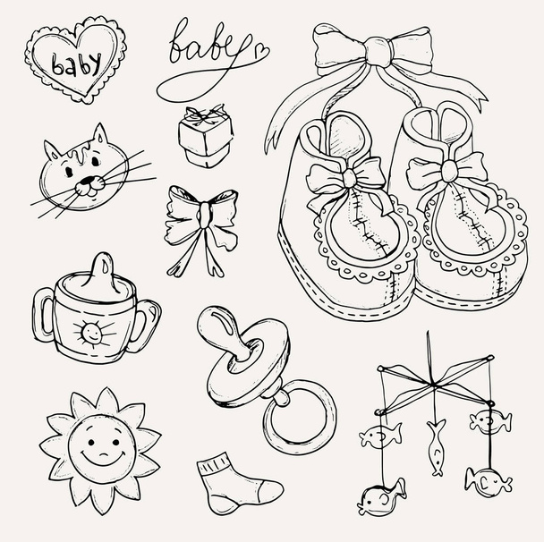 Set of baby shower design vector illustration icons, hand drawn baby set. - Vettoriali, immagini