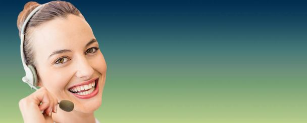 cheerful woman wearing microphone headset - Φωτογραφία, εικόνα