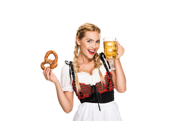 german girl with beer and pretzel - Foto, Imagen