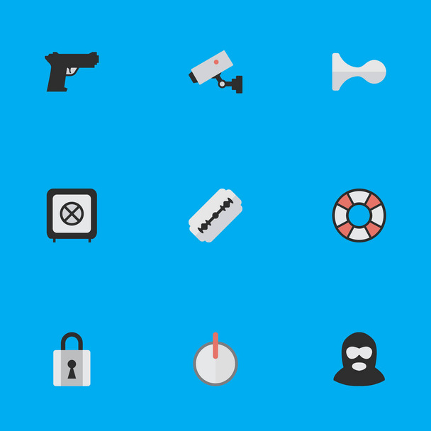 Vector illustratie Set van eenvoudige misdaad iconen. Onderdelen Blade, gesloten, misdadiger en andere synoniemen aan veiligheid, wachtwoord en reddingsboei. - Vector, afbeelding