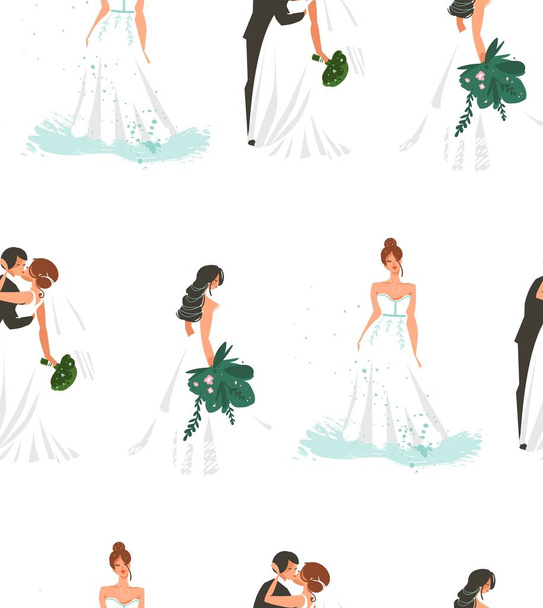 Bridals de mariage dessin animé vectoriel abstrait dessiné à la main et illustration de couple motif sans couture impression de mode isolé sur fond blanc. - Vecteur, image