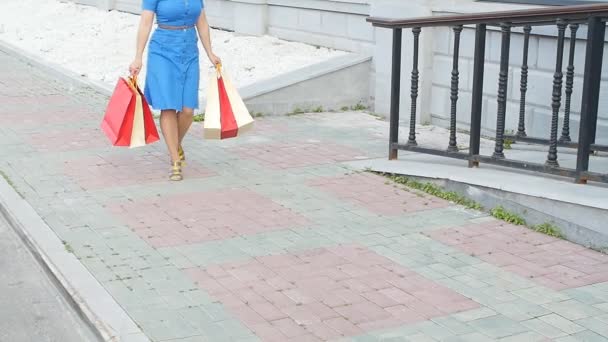 νεαρή γυναίκα με τσάντες για ψώνια - Πλάνα, βίντεο