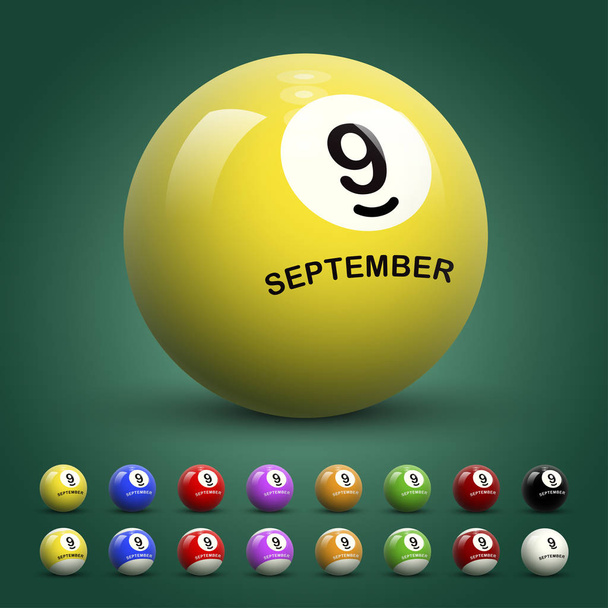 Biljart bal met de datum 9 September - Vector, afbeelding