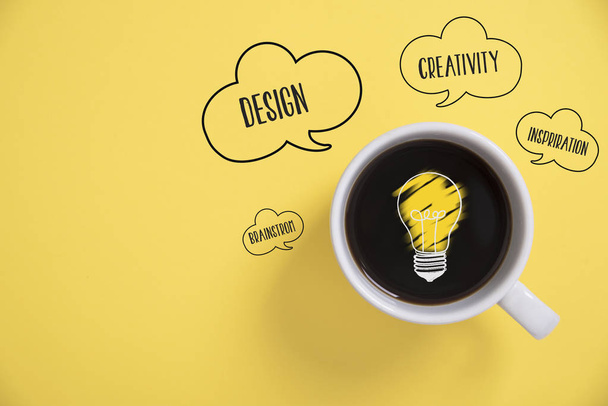 Top view flat lay of coffee cup with creative idea concept  - Photo, Image